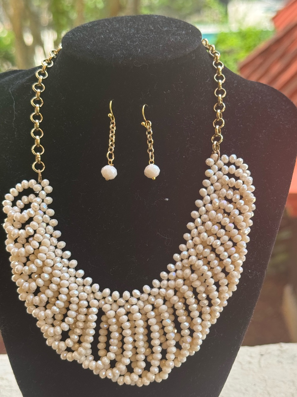 Gold-Tone Cream Pearl Statement Bib Necklace with Matching Drop Earrings